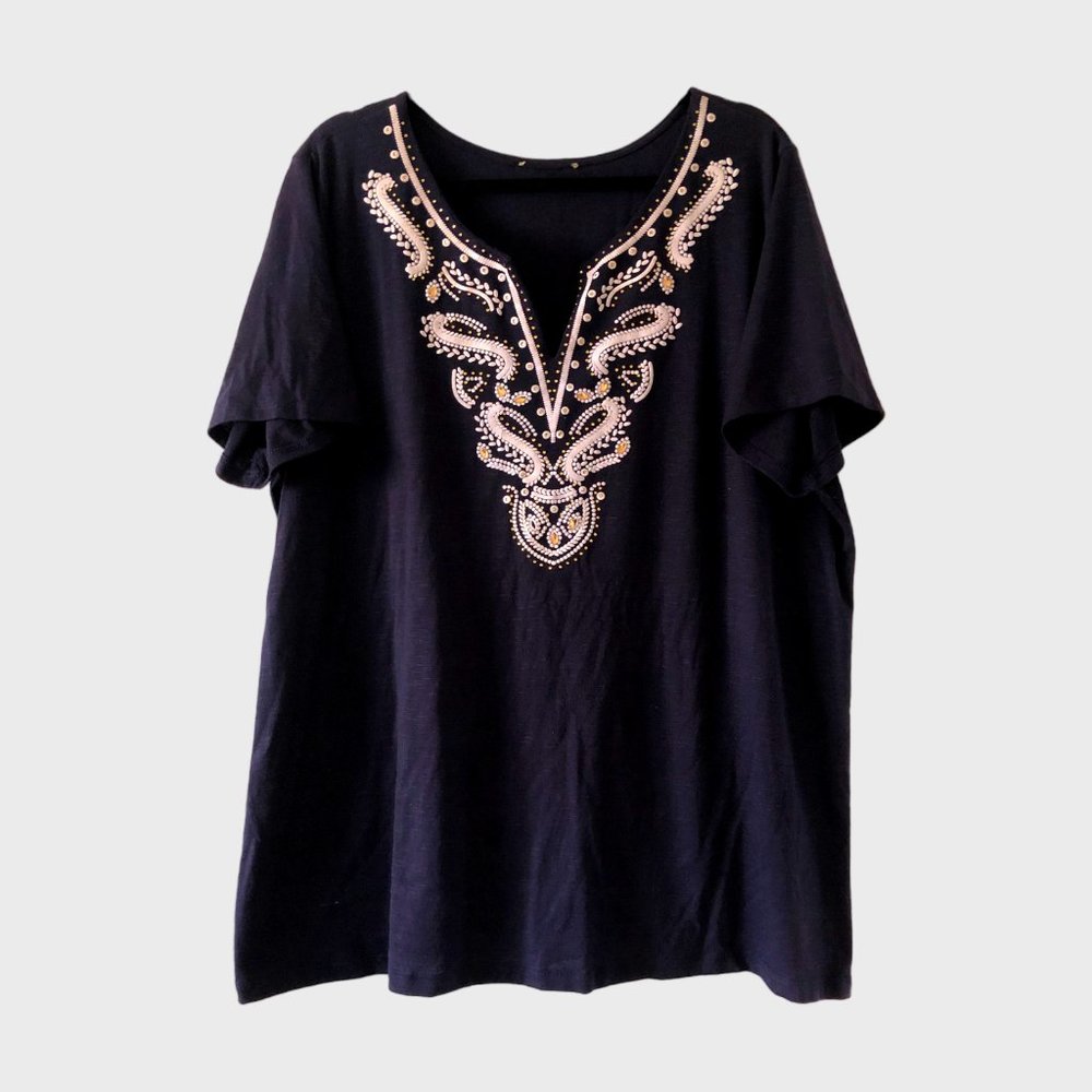 Navy Soutache Like Embellished V Neck Top pit to pit 25in